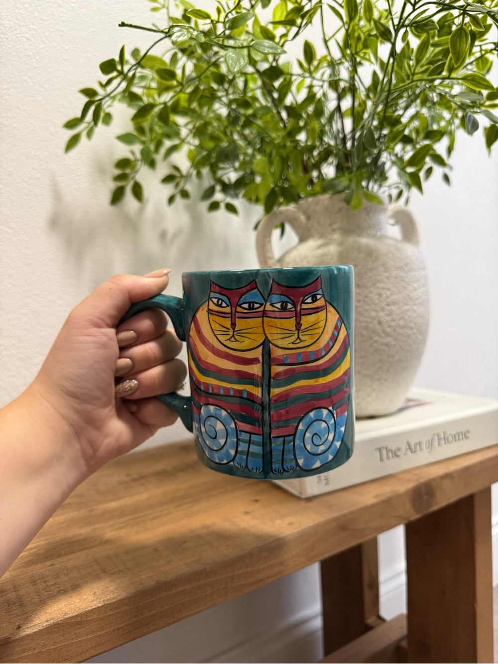Laurel Burch Teal Striped Twin Cat Mug